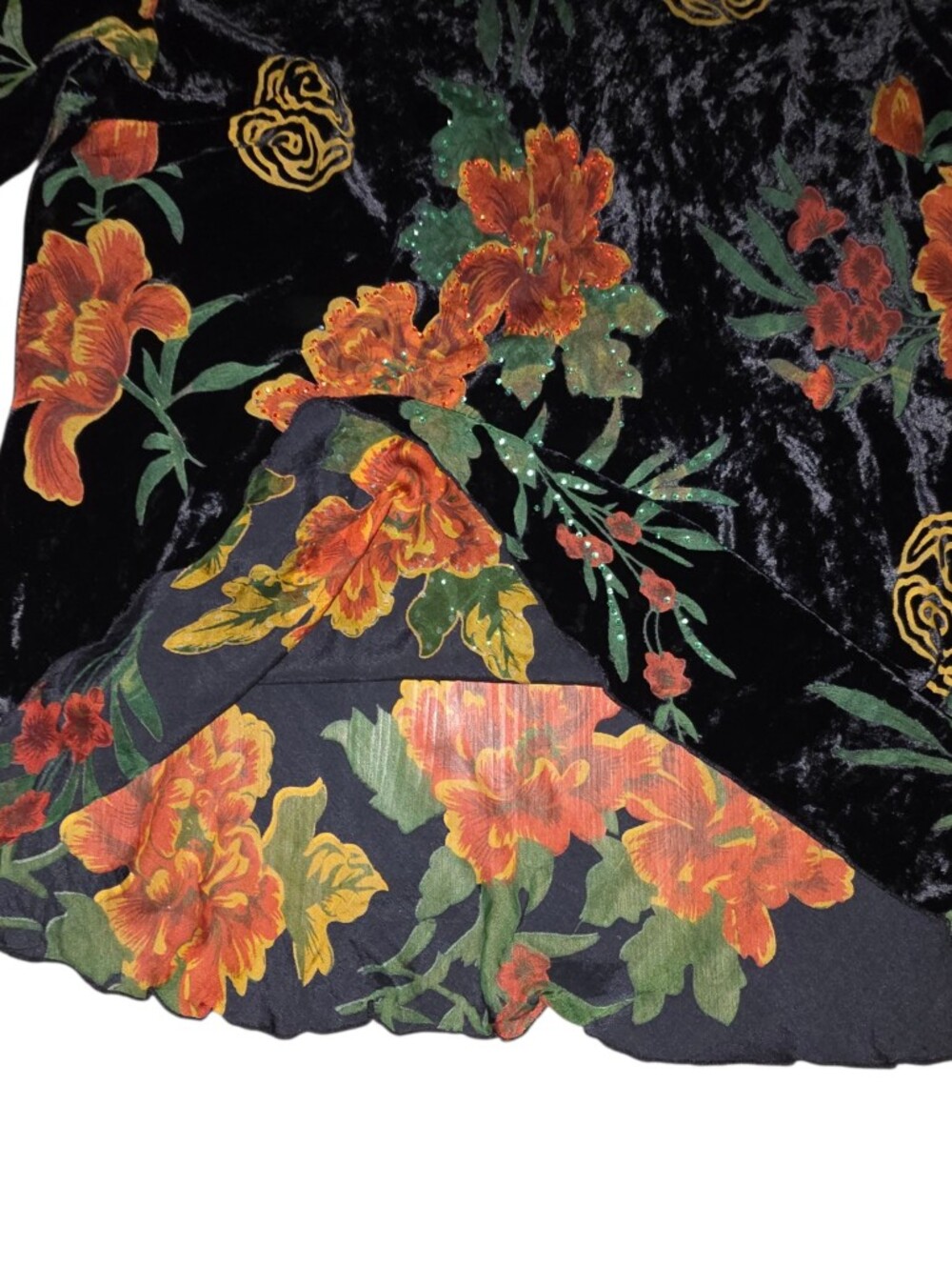Zhen Cai Silk Velvet Burnout Floral Tunic Top Sz L Beaded Boho Artsy 3/4 Sleeves - Picture 6 of 10